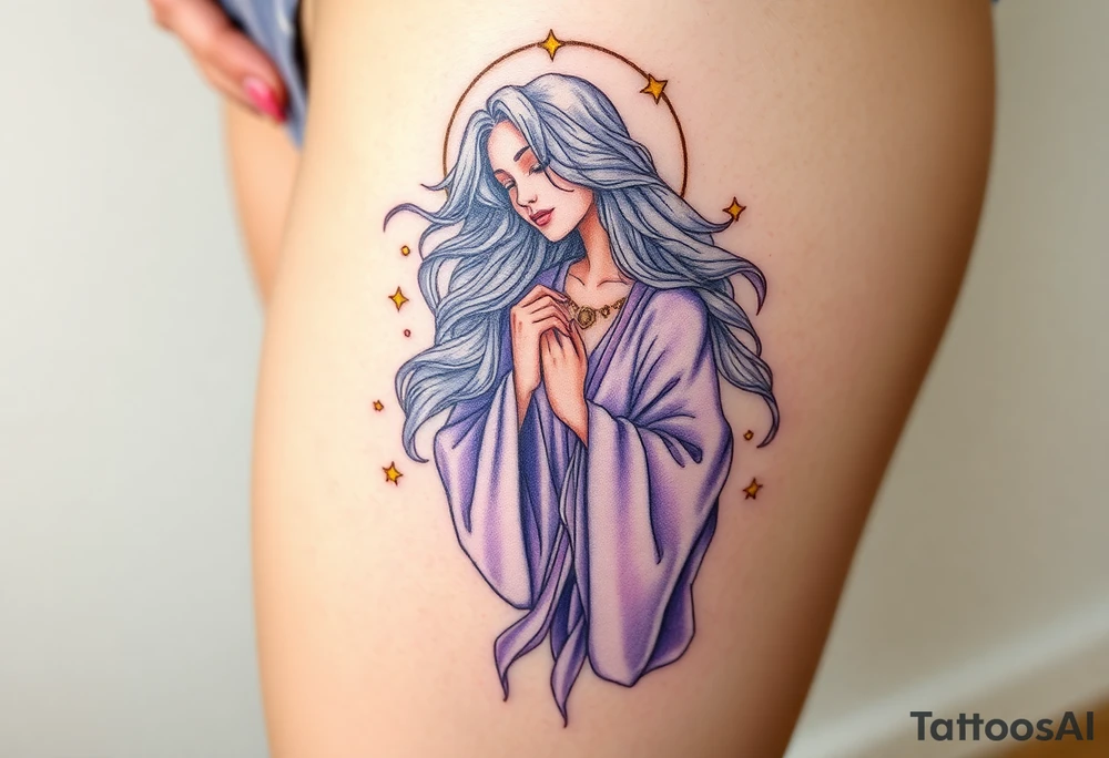 A celestial Virgo goddess with flowing silver hair, dressed in a flowing lavender robe, surrounded by golden stars and virgo sign tattoo idea