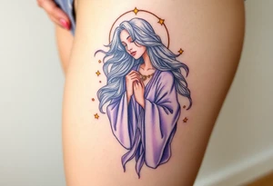A celestial Virgo goddess with flowing silver hair, dressed in a flowing lavender robe, surrounded by golden stars and virgo sign tattoo idea