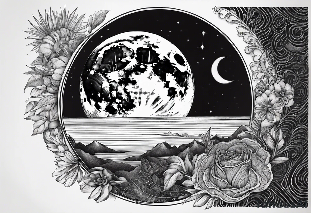 Full moon realistic, with one side rainbow edge tattoo idea