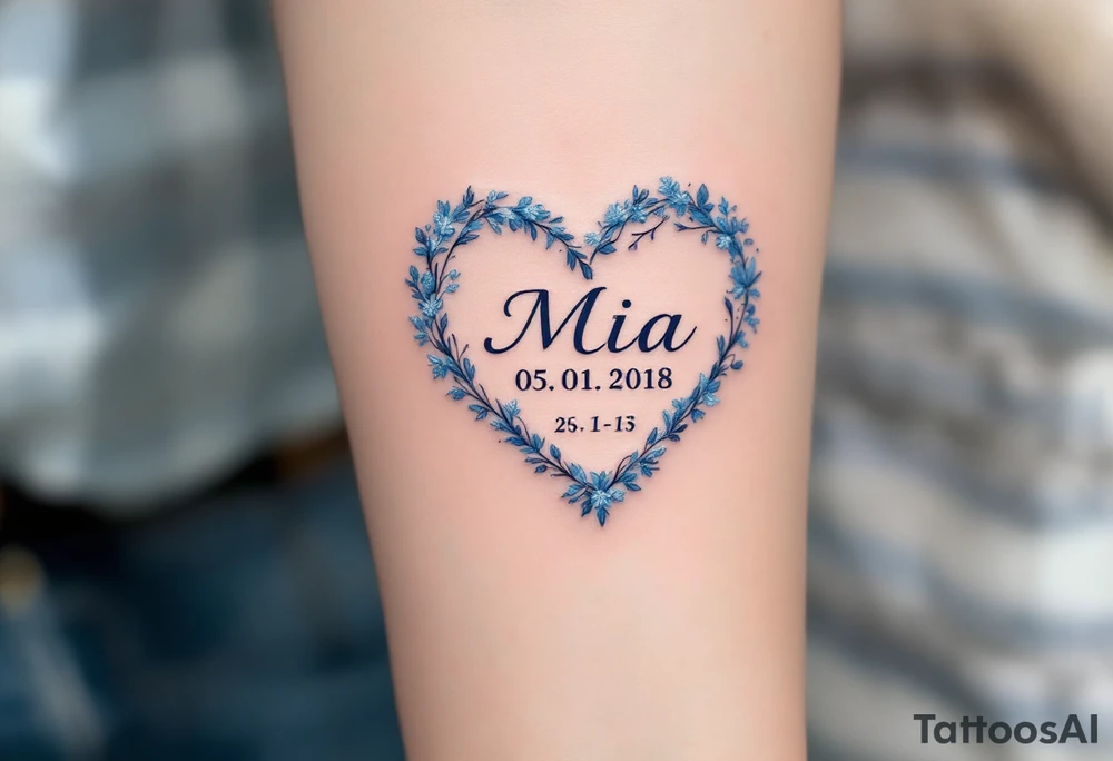 Mia 05. 01. 2018 – A heart-shaped arrangement of frosty blue and silver, with Mia's birthdate in a classic calligraphy font. tattoo idea