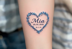 Mia 05. 01. 2018 – A heart-shaped arrangement of frosty blue and silver, with Mia's birthdate in a classic calligraphy font. tattoo idea