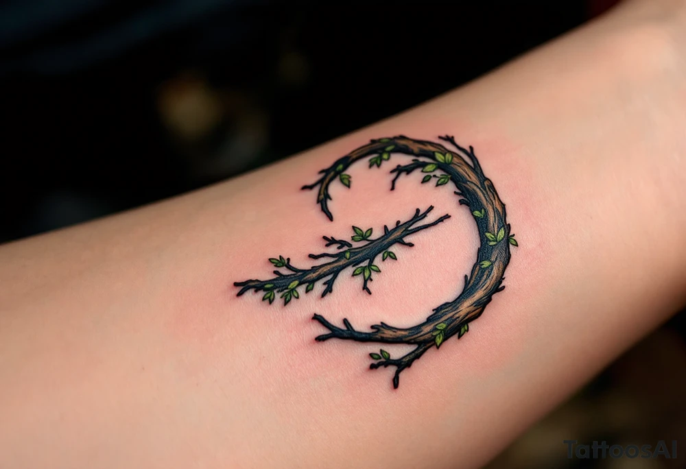 Woodland D – A naturalistic D formed from twisting wood branches, with tiny green leaves and bark texture. tattoo idea