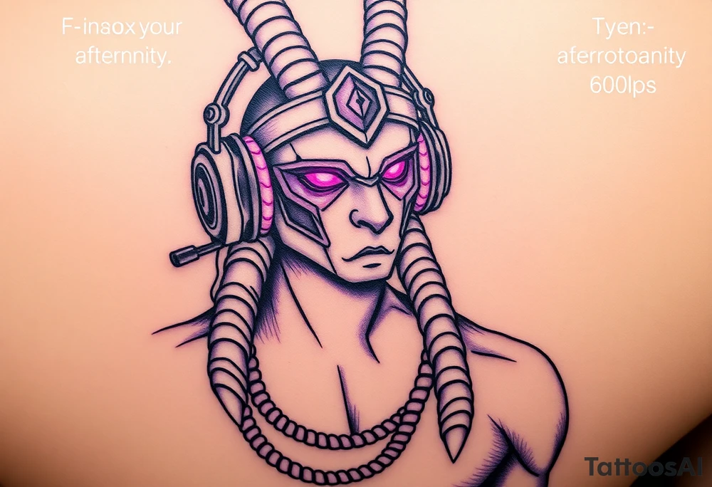 "Anubis with streamer headset, broadcasting to:  
- Left eye: Twitch chat ('F in chat for humanity')  
- Right eye: Дзен-просветление (ASCII-арт мандалы)  
Title: *'Unboxing your afterlife (4K 60fps)'*.  

Style: Digital trash art. Purple/black. Thigh." tattoo idea