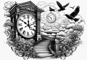Stairway leading to broken clock, birds in the background in clouds and other cool stuff tattoo idea