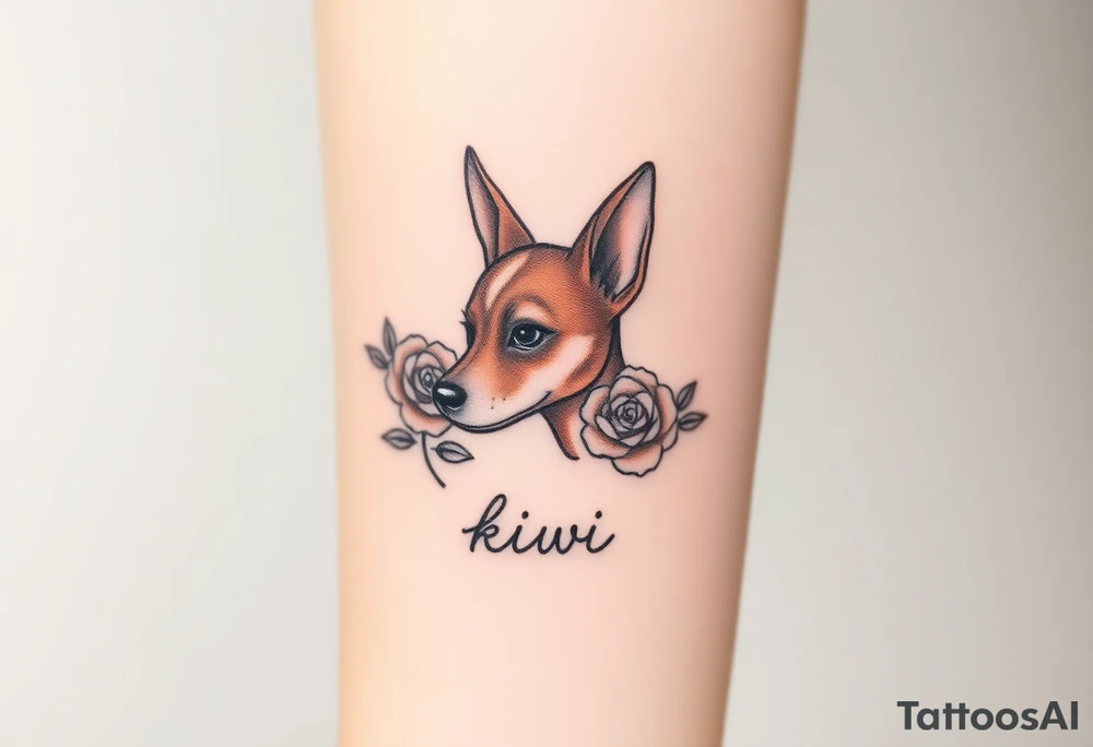 Cute female Brindle dog with the name kiwi . And a tiny rose around her . With her ears pointy a little big tattoo idea