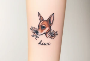 Cute female Brindle dog with the name kiwi . And a tiny rose around her . With her ears pointy a little big tattoo idea
