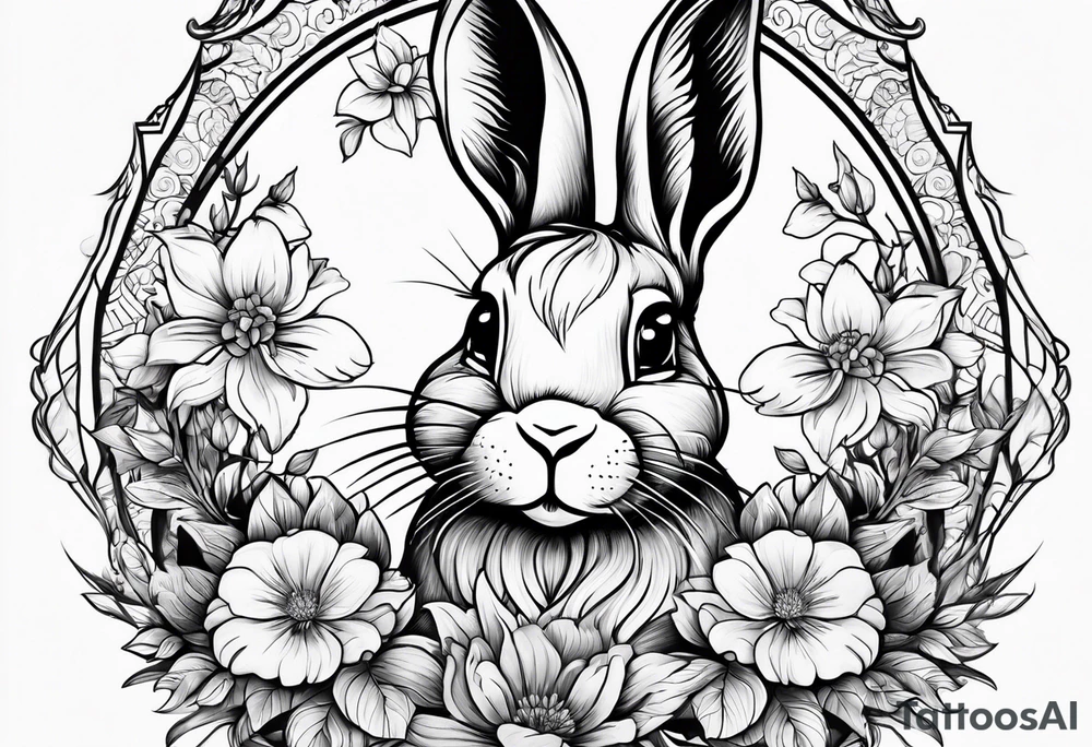 Rabbit head and flowers tattoo idea
