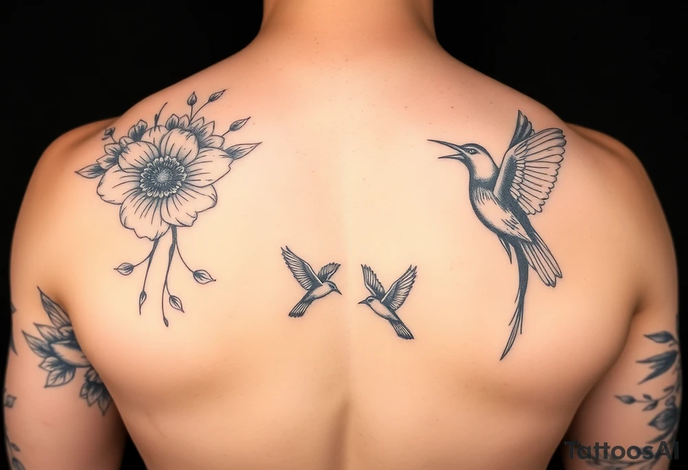 Floral thigh and leg sleeve tattoo with birds tattoo idea