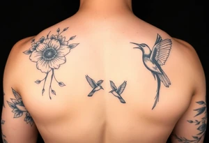 Floral thigh and leg sleeve tattoo with birds tattoo idea