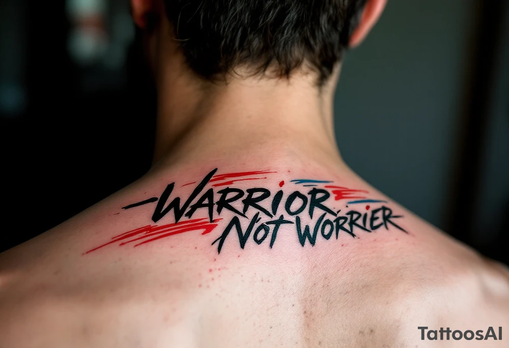 "Warrior, Not Worrier" in bold handwritten style, deep black ink with red underlines that resemble brushstrokes. tattoo idea
