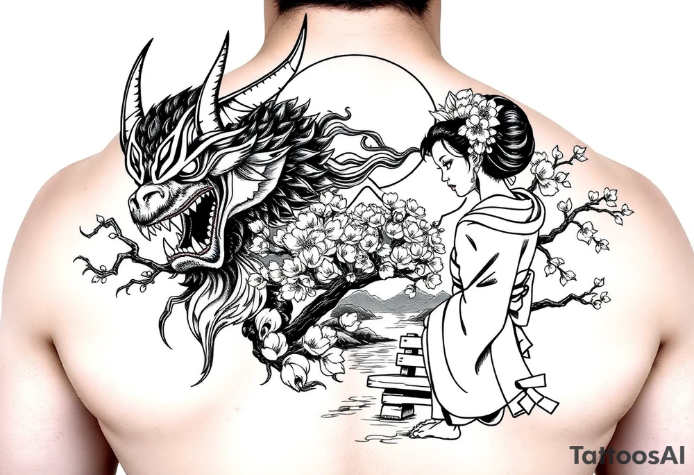 Mighty Fierce Japanese demon and strong courageous geisha with cherry blossom tree river and stone bench mt fuji tattoo idea