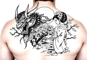 Mighty Fierce Japanese demon and strong courageous geisha with cherry blossom tree river and stone bench mt fuji tattoo idea