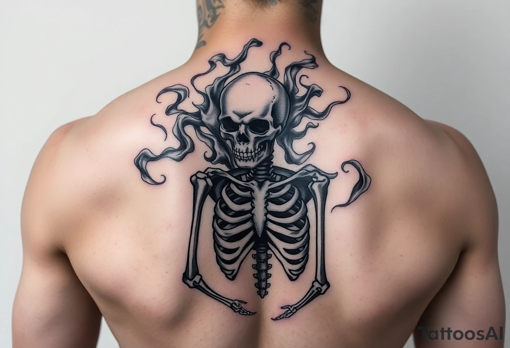 Skeleton in despair, surrounded by smoke tattoo idea