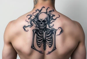 Skeleton in despair, surrounded by smoke tattoo idea