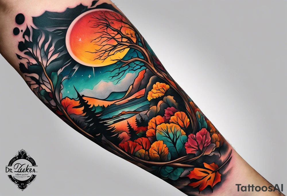 Arm Sleeve Tattoo with fall colors flat tattoo idea