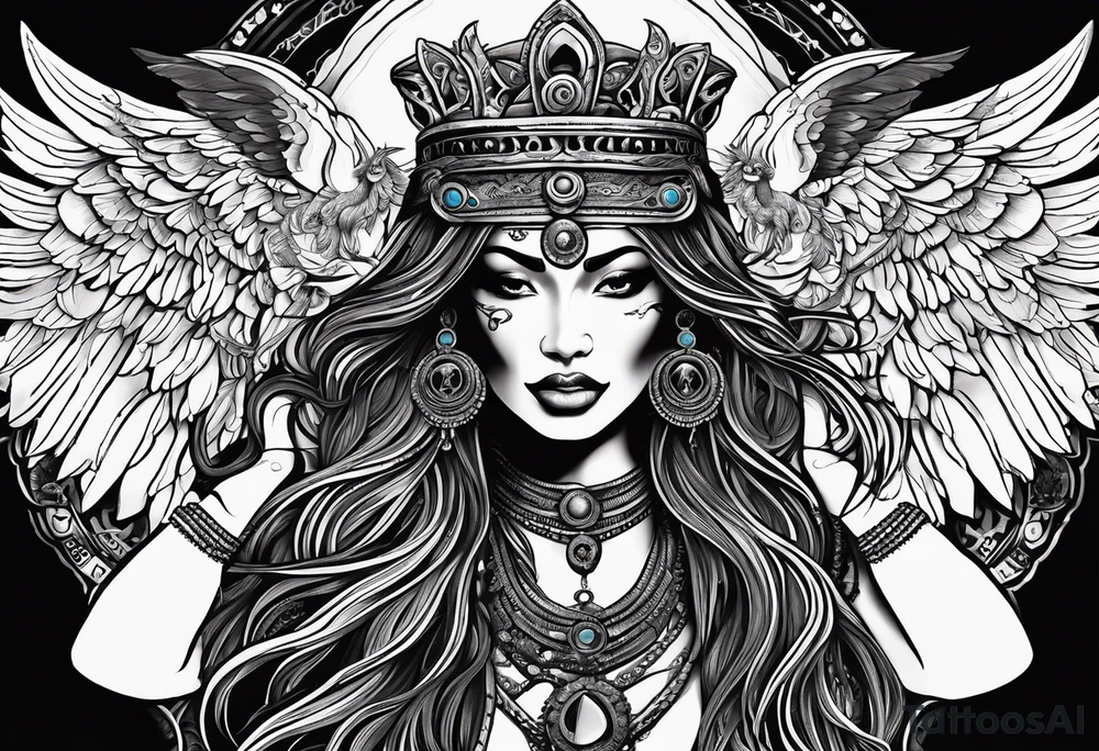 black kali, goddess pirate, alien, angel, pachamama, valkrye, warrior, flying, skull, lotus azul, wing, eagle, zenza resonance, stars, 5D, anahata chakra, death, durga, riding on a tiger, flying lady, kundalini, chest tatoo, samuri, rebel tattoo idea
