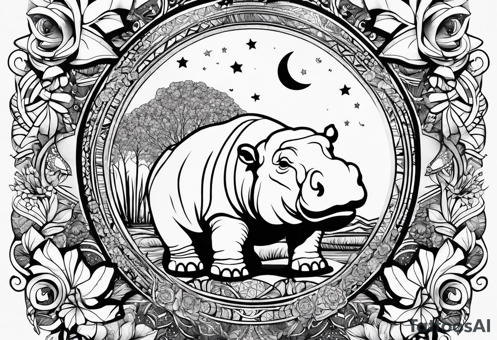 Hippo, flowers, moon, interstella,
fine lines, tribal, geometric tattoo idea