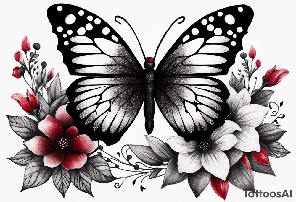 Flowers with "Ruby" in calligraphy font and butterflies around it tattoo idea