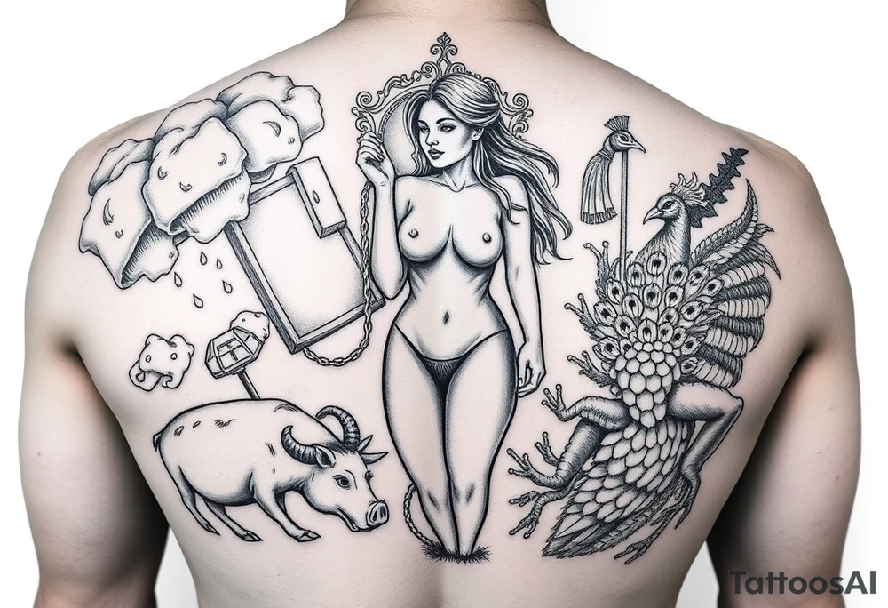 Storm clouds, sexy fat naked woman, mirror, noose, cigerettes, sex, pig, peacock, goat, lion, frog, razor blades, carousel tattoo idea