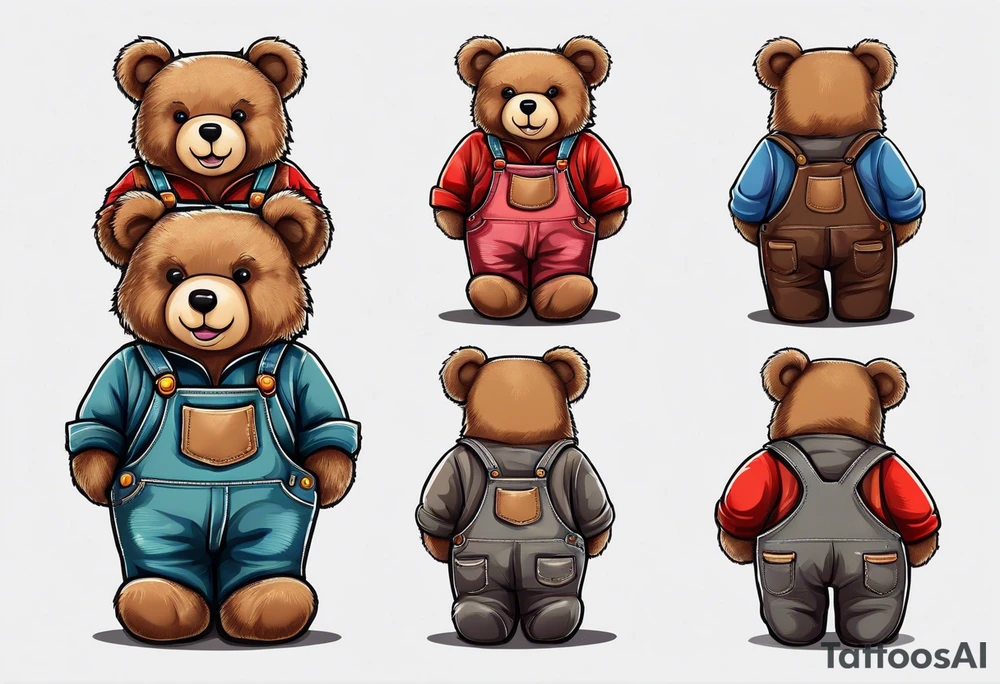 standing teddy bear in overalls and boots from behind tattoo idea