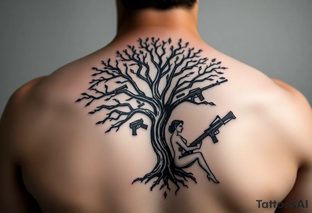 burning tree of life with firearms scattered and nude woman tattoo idea