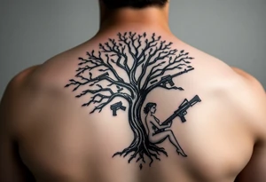burning tree of life with firearms scattered and nude woman tattoo idea