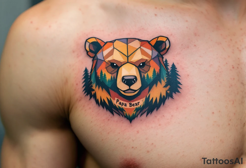 A tiny geometric-style bear on left pack in forest colors with “Papa Bear” etched into the fur. tattoo idea
