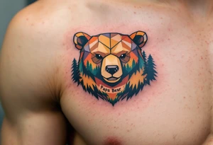 A tiny geometric-style bear on left pack in forest colors with “Papa Bear” etched into the fur. tattoo idea