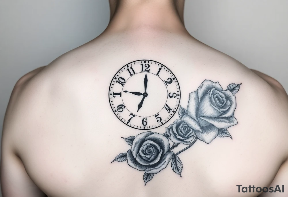 Pencil sketch of clock showing time of 12:56 with rose tattoo idea