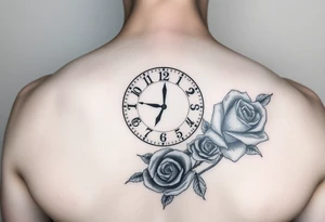 Pencil sketch of clock showing time of 12:56 with rose tattoo idea