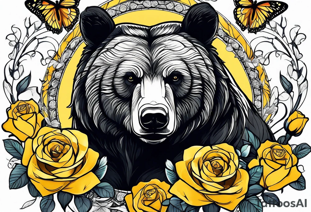 Bear under the tree of life with yellow roses and three butterflies for an upper arm tattoo. tattoo idea
