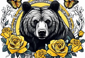 Bear under the tree of life with yellow roses and three butterflies for an upper arm tattoo. tattoo idea