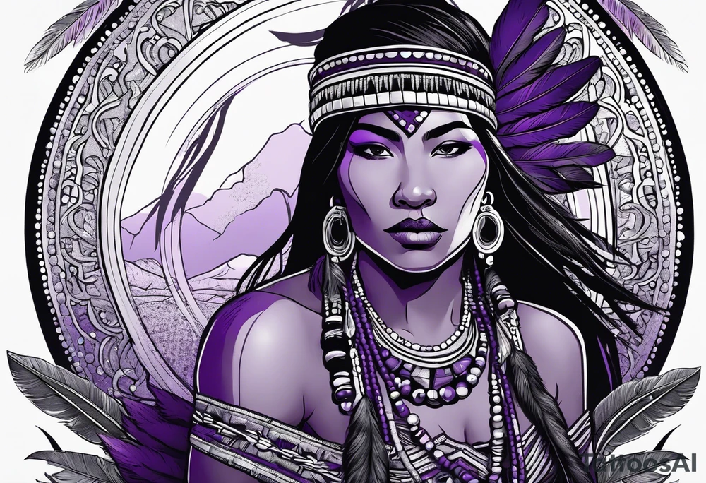 native woman female warrior with quiver on her back. she is wearing bead headband. she is sitting on a purple buffalo, the buffalo is standing up, standing still tattoo idea