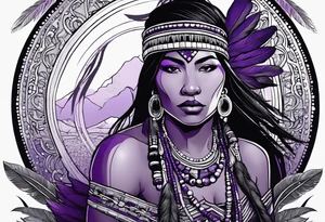 native woman female warrior with quiver on her back. she is wearing bead headband. she is sitting on a purple buffalo, the buffalo is standing up, standing still tattoo idea