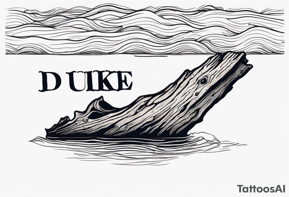 piece of driftwood underwater with duke written in the wood tattoo idea