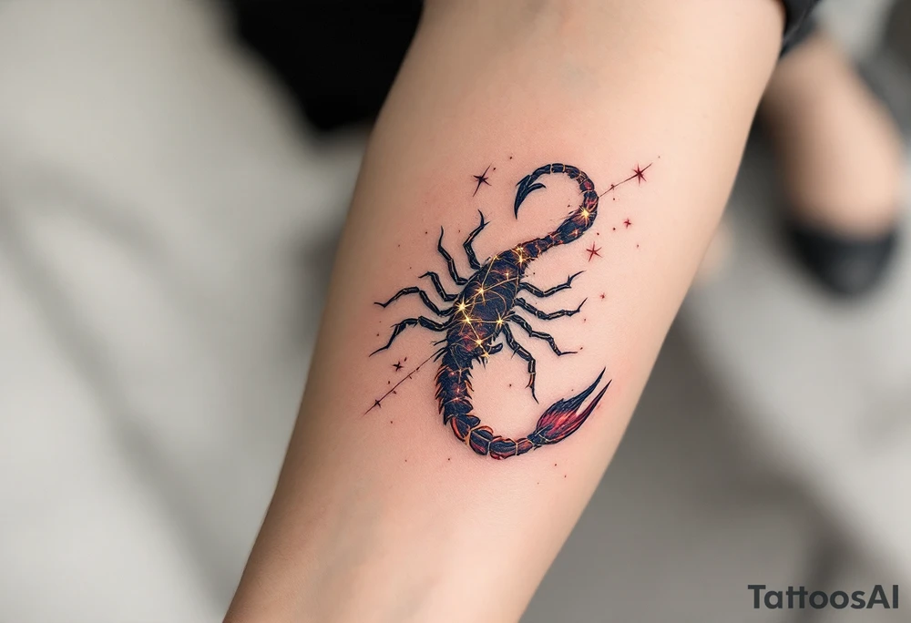 The celestial scorpion creeps across the night in streaks of golden scorpio star constellation lit by Antares’ burning red flame tattoo idea