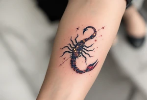 The celestial scorpion creeps across the night in streaks of golden scorpio star constellation lit by Antares’ burning red flame tattoo idea