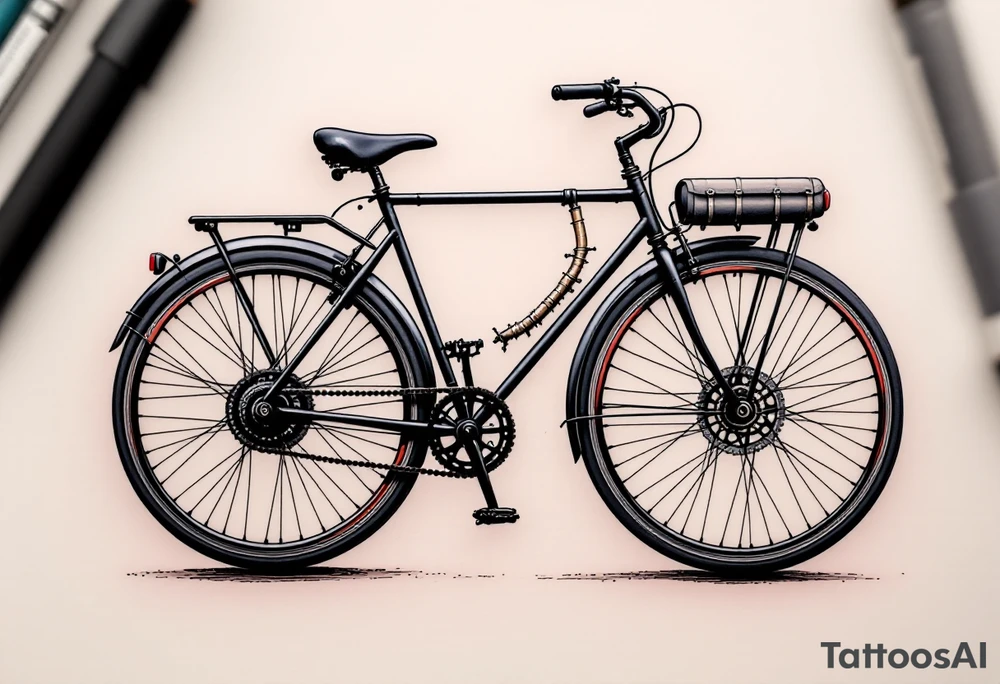 A bicycle with an oversized front wheel, painted in matte black with a touch of red and gray for a steampunk vibe. tattoo idea