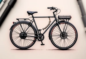 A bicycle with an oversized front wheel, painted in matte black with a touch of red and gray for a steampunk vibe. tattoo idea