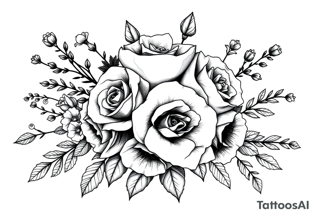 vintage bouquet of wild roses and meadow flowers with morning dew tattoo idea