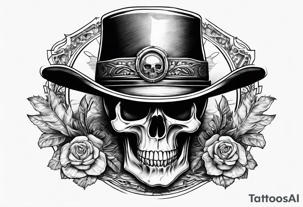 Skull with western hat sitting on hour glass tattoo idea