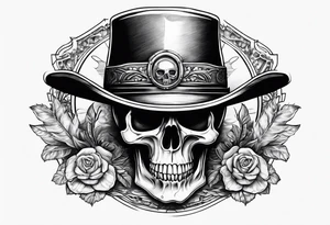 Skull with western hat sitting on hour glass tattoo idea