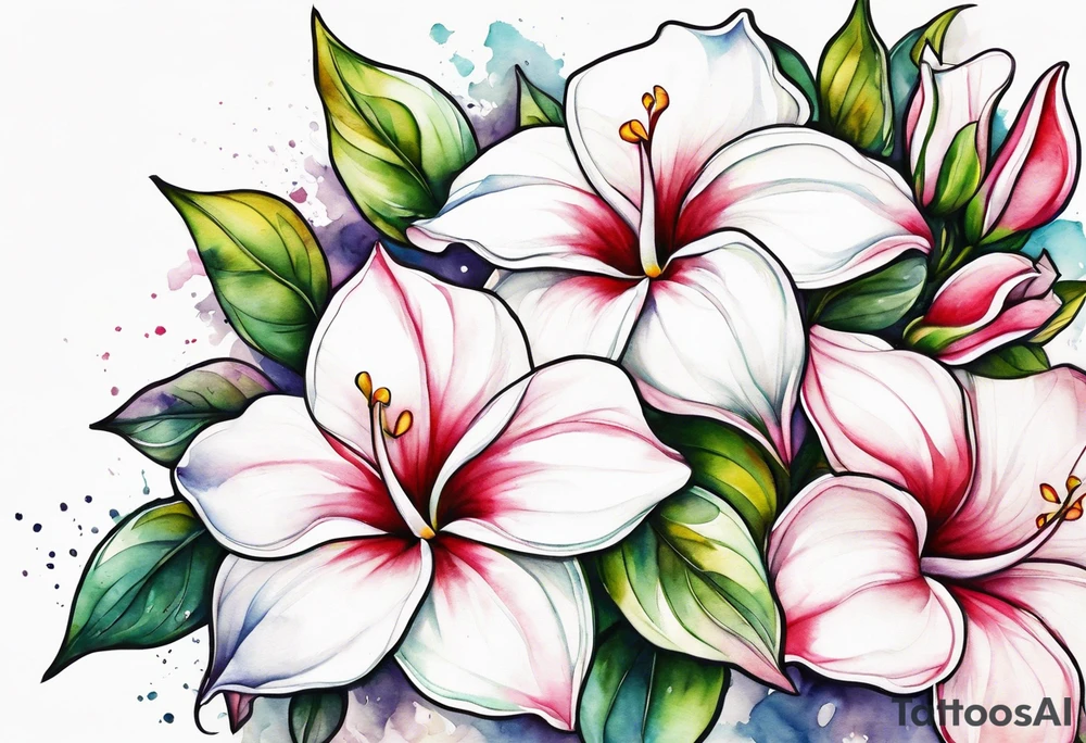 white background, abstract mandevilla flowers on a vine, part of it watercolor, part of it just line work tattoo idea