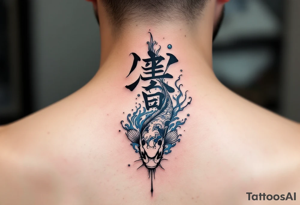 静 (jìng, “serenity”) in pale blue flows beside a koi fish to represent calm persistence. tattoo idea