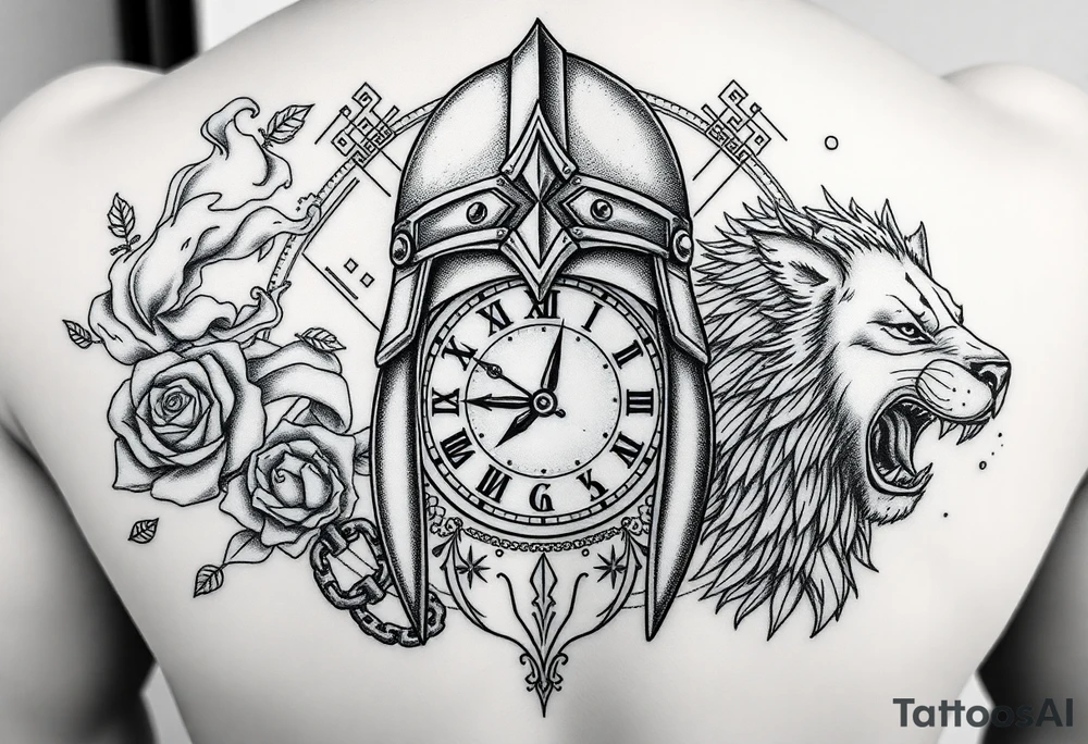 A detailed tattoo featuring a stylized warrior helmet with intricate textures and patterns. Behind it lies a shattered clock face with exposed gears and intertwined chains, symbolizing struggle with time and anxiety. Surrounding the helmet and clock are swirling smoke and wind patterns filled with fine details like leaves, feathers, and tribal motifs, representing resilience and growth. On one side, a blooming thorned rose or lotus flower symbolizes delicate strength and love. On the other side, a fierce roaring lion or wolf head embodies courage and protection. The background includes geometric shapes and dotwork to add depth and unify the design. The style combines bold linework with fine detail, dotwork, and shading for a powerful modern tattoo. tattoo idea