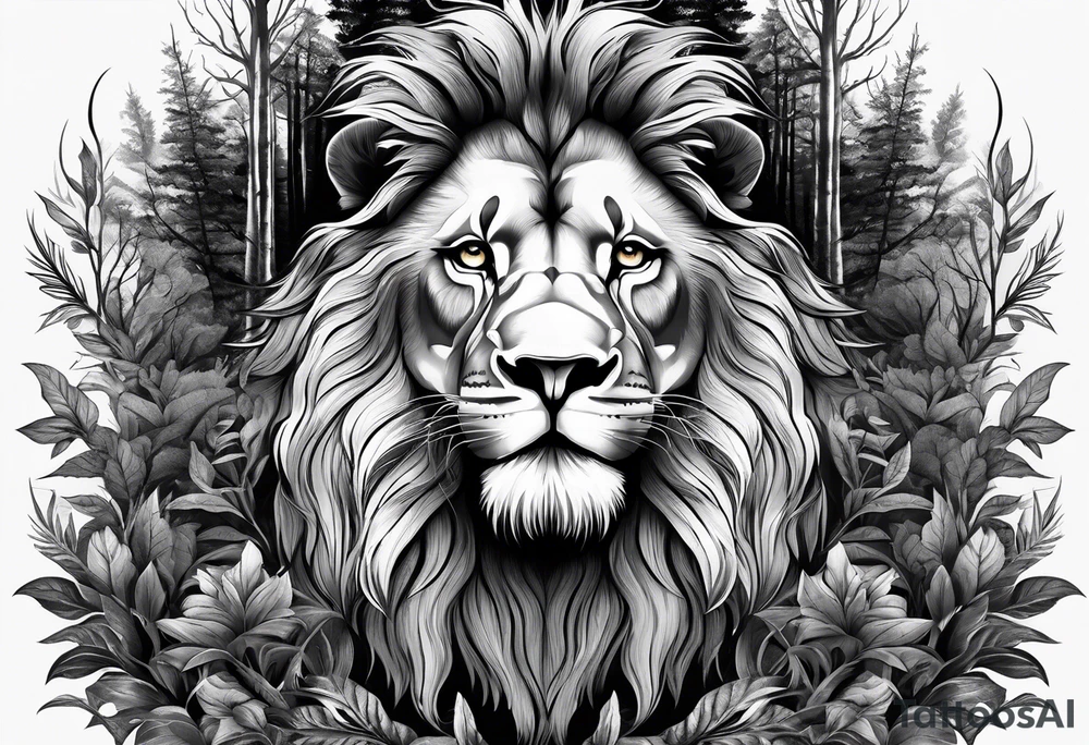 lions face transposed into a dark forest tattoo idea