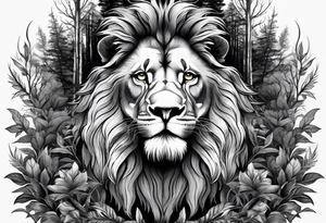 lions face transposed into a dark forest tattoo idea