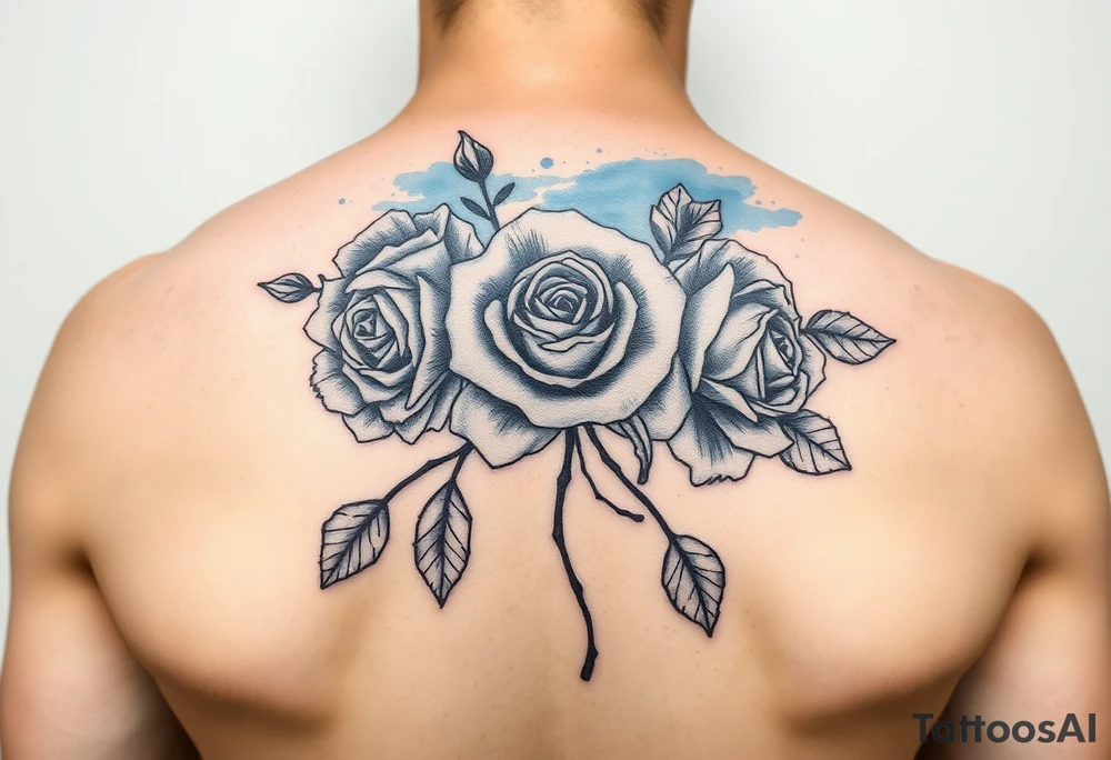 Black and white roses and carnations with blue watercolour behind small and  feminine tattoo idea