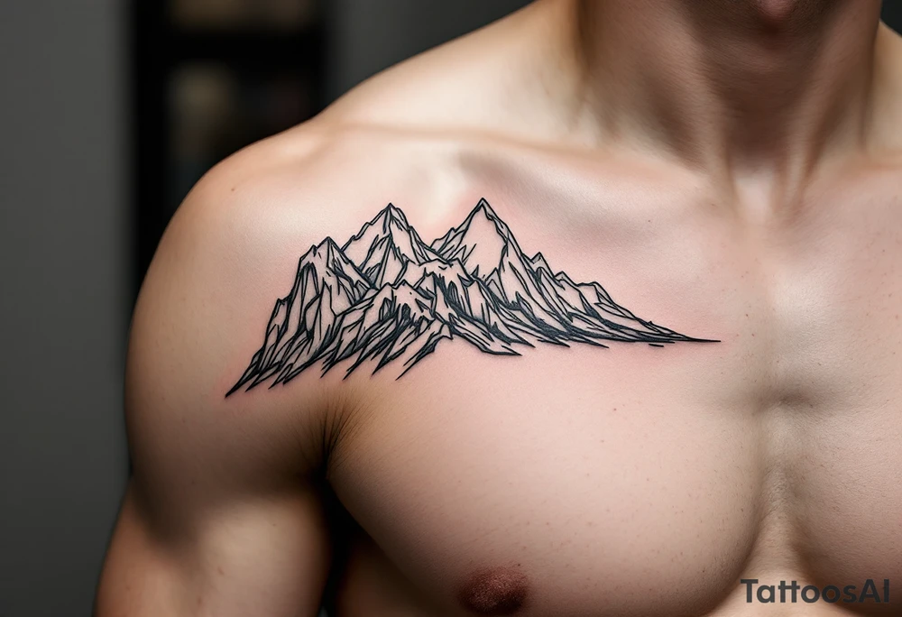 A fine-line black and gray wave flows into a mountain silhouette on the upper arm. tattoo idea
