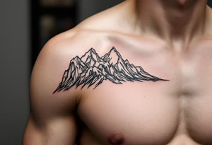 A fine-line black and gray wave flows into a mountain silhouette on the upper arm. tattoo idea
